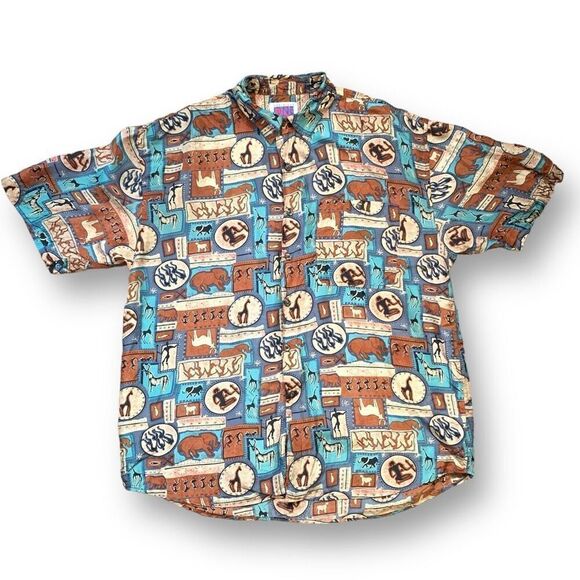 Vintage One Eight Hundred Shirt Aqua Blue Native Art Printed Short Sleeve Silk - Picture 1 of 8